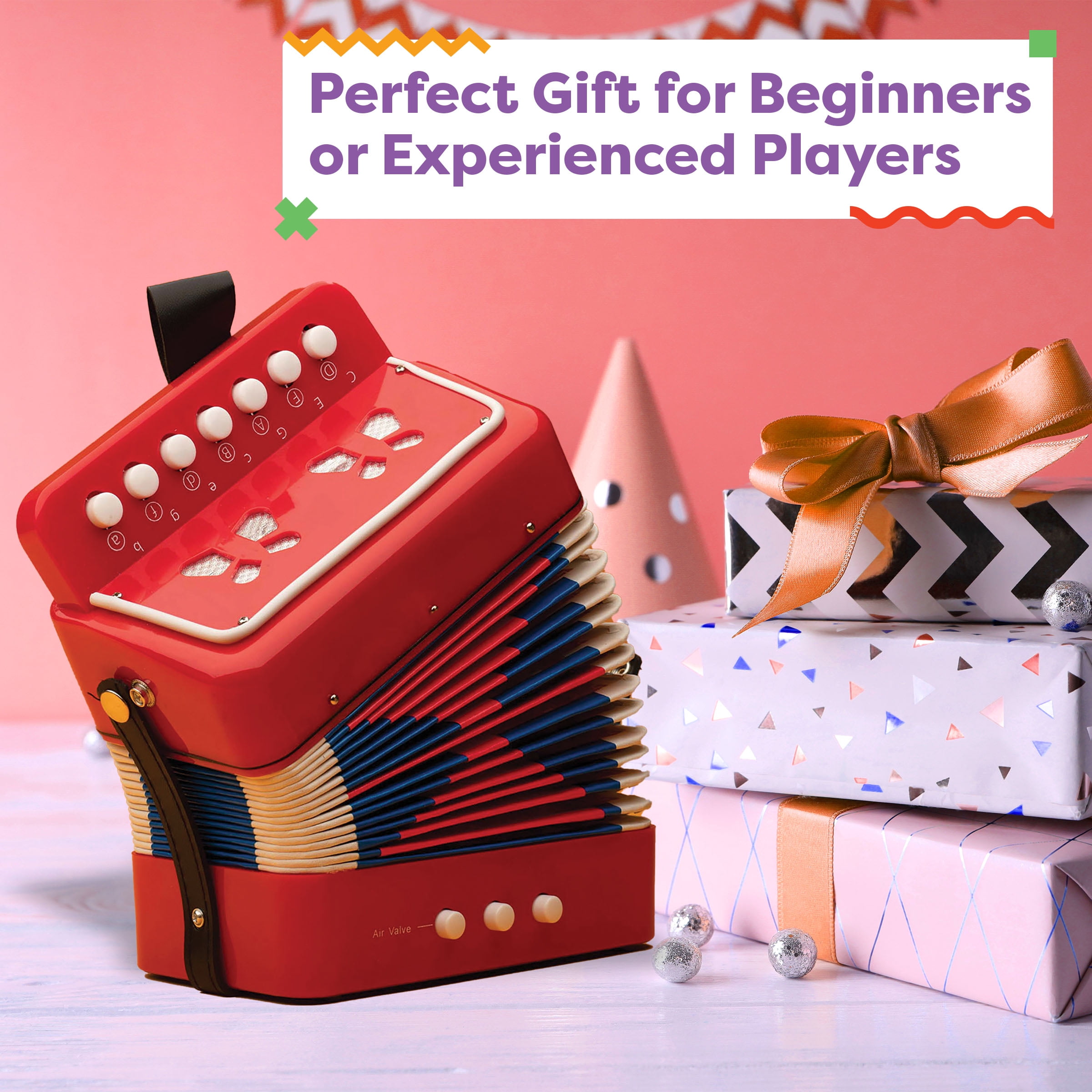 Hey! Play! Kids Accordion for Beginners - Accordion Toy with 10 Key Buttons, Musical Instrument for Kids (Red)