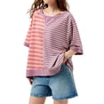 thumbnail image 3 of Women Oversized Summer Short Sleeve Striped Color Block Loose Fit Tops T Shirts, 3 of 6