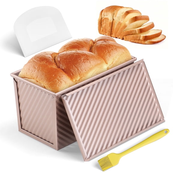 Vesteel Pullman Loaf Pan with Lid, 1 Pound Dough Capacity Carbon Steel Pan with Dough Scraper & Silicone Brush