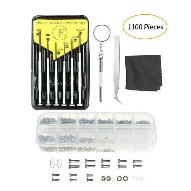 Eyeglass Kit 1100Pcs Micro Screws Nuts and Nose Pads Set with Tweezers 6Pcs Screwdrivers for Glasses Eyeglasses and Sunglasses