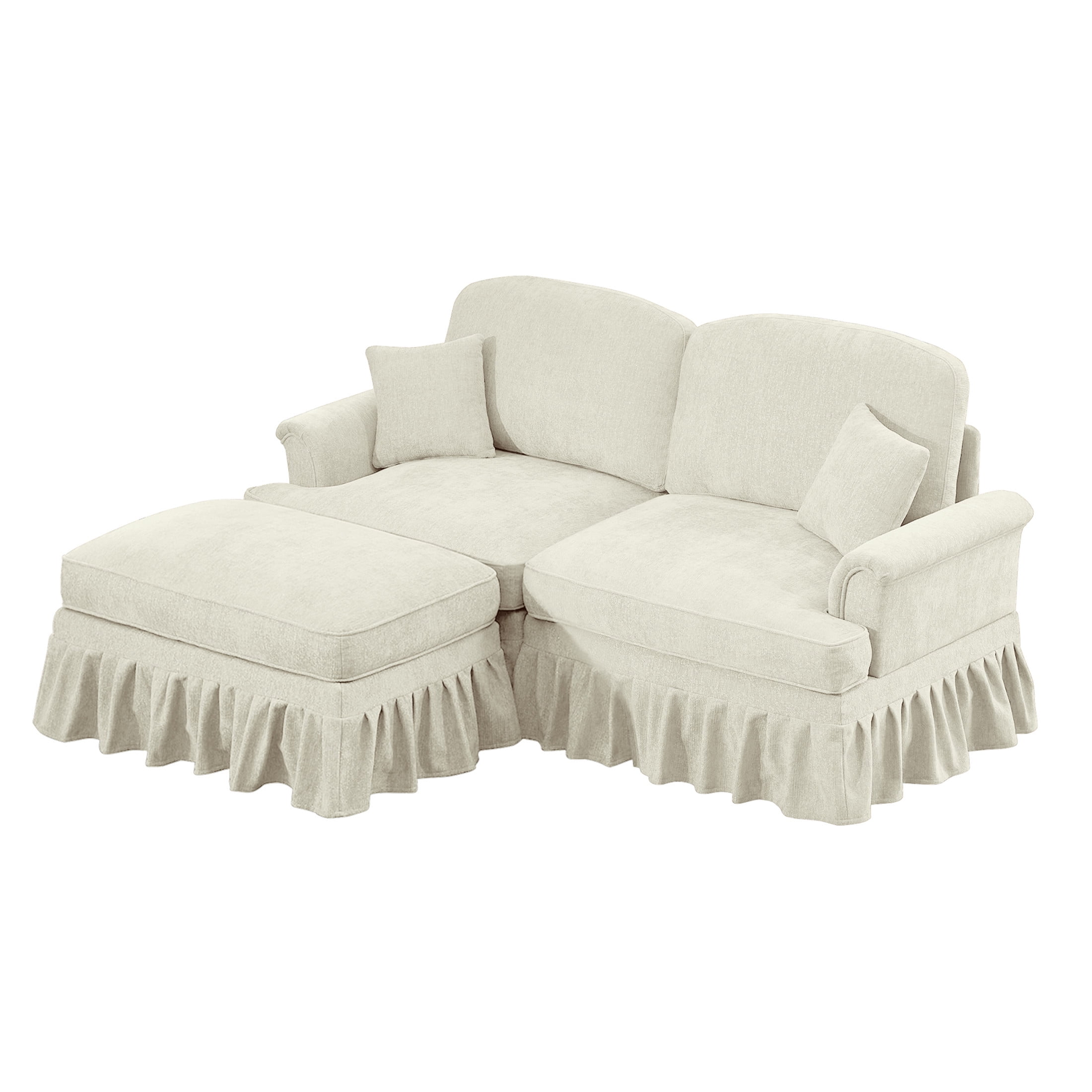 Noble House L-Shaped 2-Seater Sofa with Flared Arms, Removable Pleated Skirt, Spindle Legs, Chenille, Movable Ottoman, Beige White