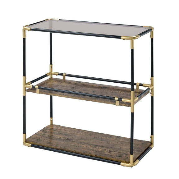 Benzara Rechange Glass Top Console Table Metal Tubular Framing and Wooden Shelves, Black and Brown