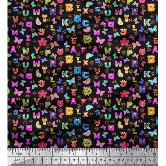 Soimoi Black Cotton Duck Fabric Insect,Sun & Cartoon Alphabets Text Decor Fabric Printed BTY 42 Inch Wide