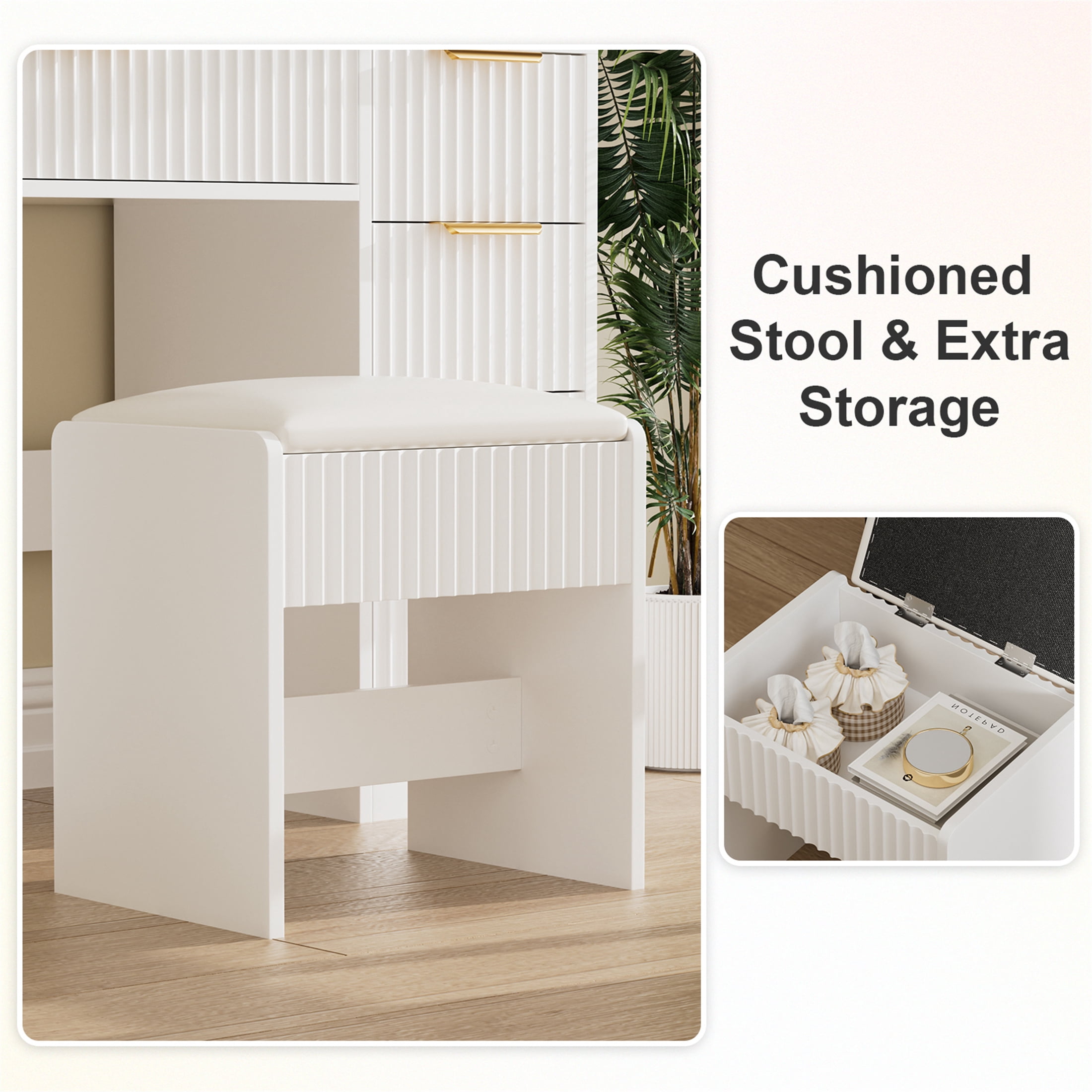 Yeahumalia Vanity Desk Set with Mirror and Lights, Makeup Table with Charging Station and Chair, White