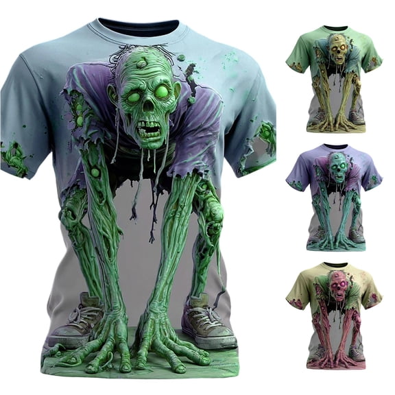 XIAONU Zombie Cartoon Print Tee for Men Crew Neck Short Sleeve Halloween Shirts
