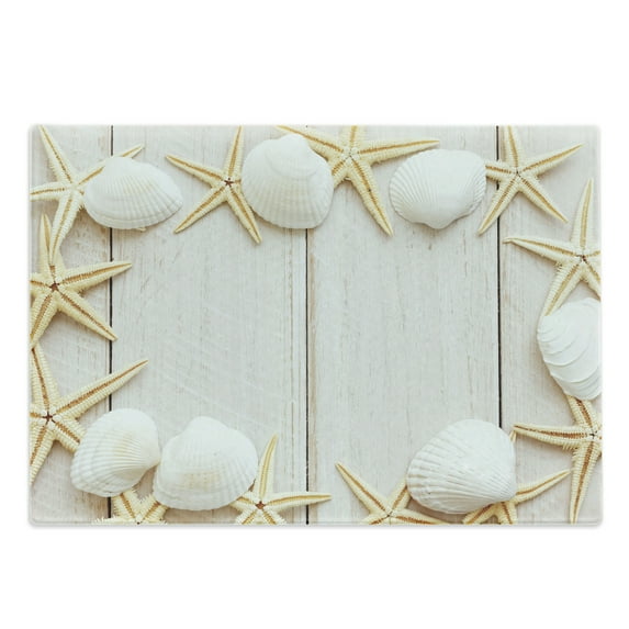 Seashell Cutting Board, Nautical Themed Seashells and Starfish Frames on Pure Wooden Planks Backdrop, Decorative Tempered Glass Cutting and Serving Board, in 3 Sizes, by Ambesonne