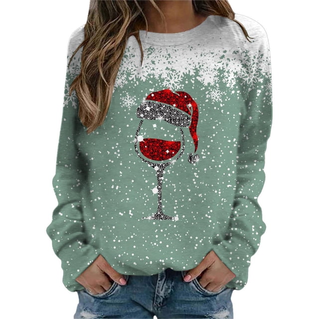 lcziwo 2024 Chandails de Noël Laids pour Femmes Drôles Mignons Verres de Vin Rouge Graphiques Hauts Manches Longues Col Rond Chandails Molletonnés Coupe Ample Chandails Confortables Liquidation Vert,TG