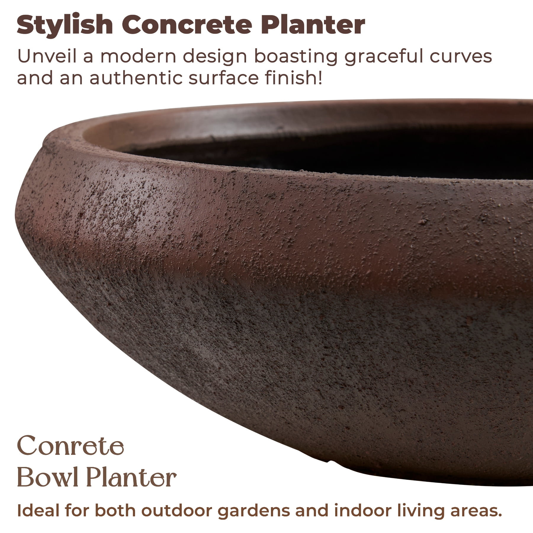 Concrete Bowl Planter, 18.9 Inch Dia Succulent Pot with Drain Hole, Lotus Planter 16.7-inch Opening, 6.4-Inche Height, Medium, Rust