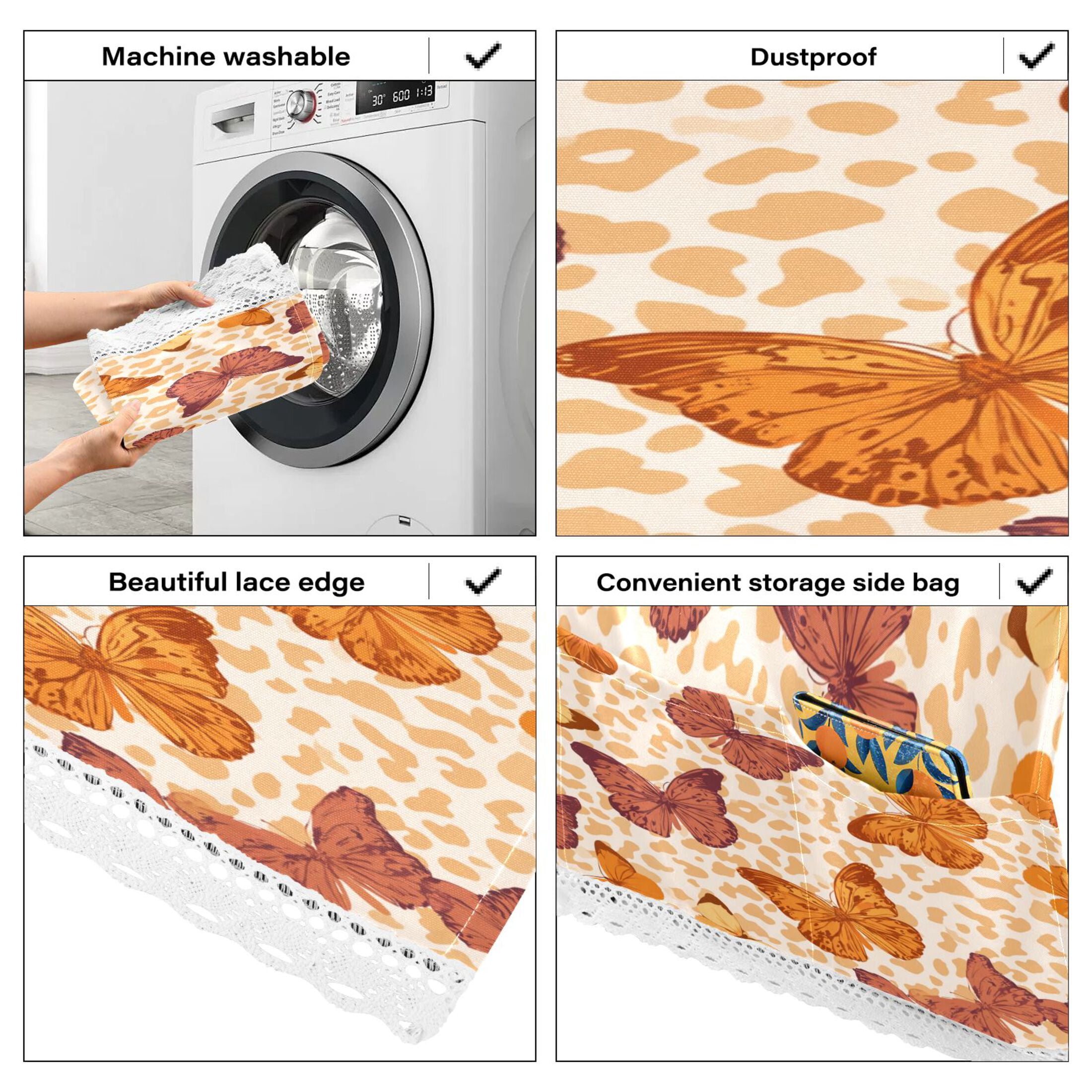 Washing Machine Cover 51.2x22in, Durable Polyester Dust Cover with Lace Trim and Side Pocket for Appliances Leopard Print Butterfly