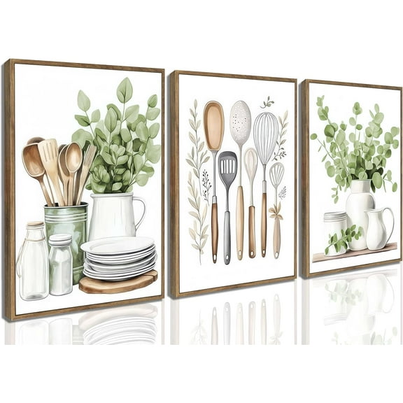 3 Pcs Sage Green Farmhouse Kitchen Canvas Wall Art Minimalist Dining Room Eucalyptus leaves plant Painting Pictures Wall Decor Poster Print Artwork For Dining Room kitchen Home Decoration