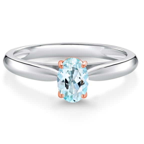 Gem Stone King 925 Sterling Silver and 10K Rose Gold Prongs Sky Blue Topaz Solitaire Engagement Ring for Women (0.50 Cttw, Oval 6X4MM, Gemstone November Birthstone, Available in Size 5, 6, 7, 8, 9)