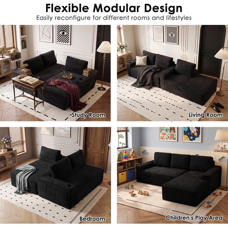 Anpport 104" Boneless Cloud Modular Sectional Couch, Corduroy Sofa with Cup Holders, Side Pockets, Deep Seat, No Assembly Required for Living Room, Black (R‑Shaped, Right Facing Chaise)