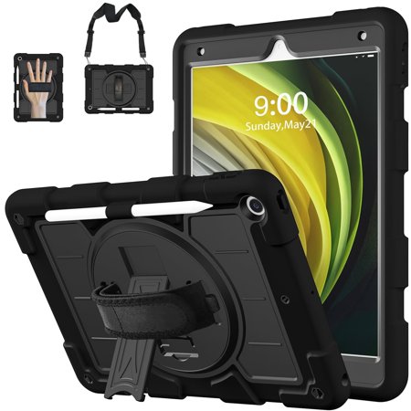 iPad 9th Gen 10.2 Inch Case with Pencil Holder and 360 Rotating Strap