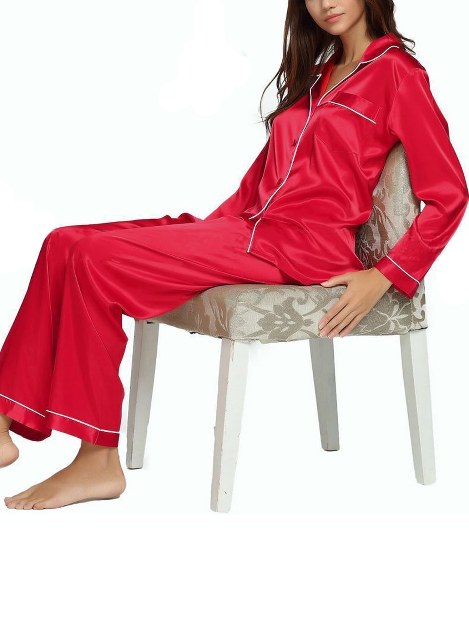 Women Silk Satin Pajamas Set Long Sleeve Long Button-Down Loungewear ...