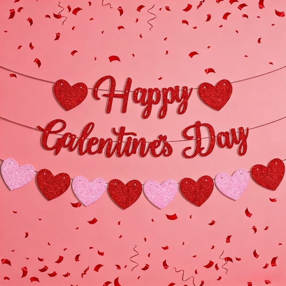 Galentine's Day Hanging Banner with Red Pink Glitter Hearts Valentine's Party Garland Decoration for Best Friends Gathering Night Celebration