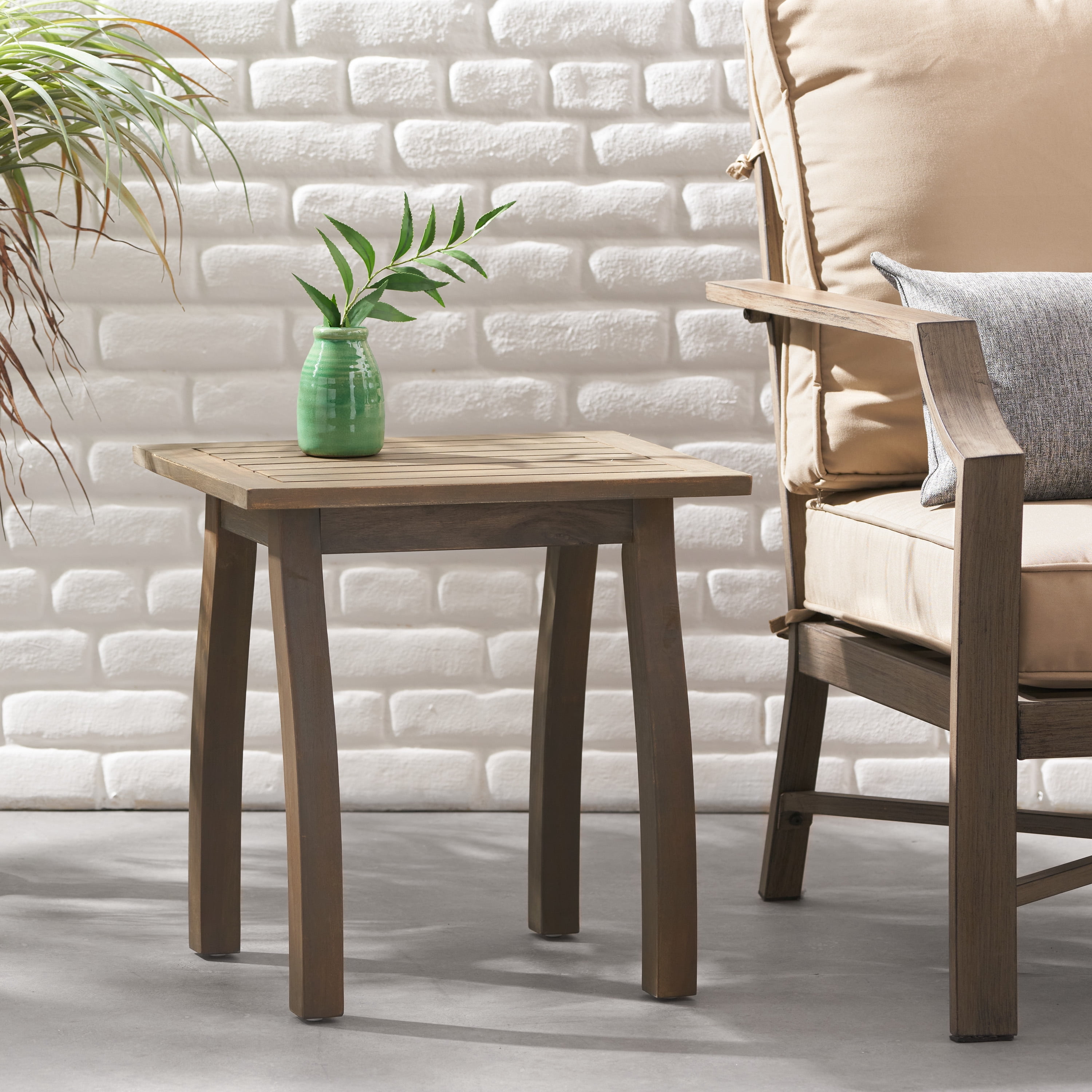 Outdoor Compact Acacia Wood End Table, Simple Accent Decor Table for Patio Garden, Gray