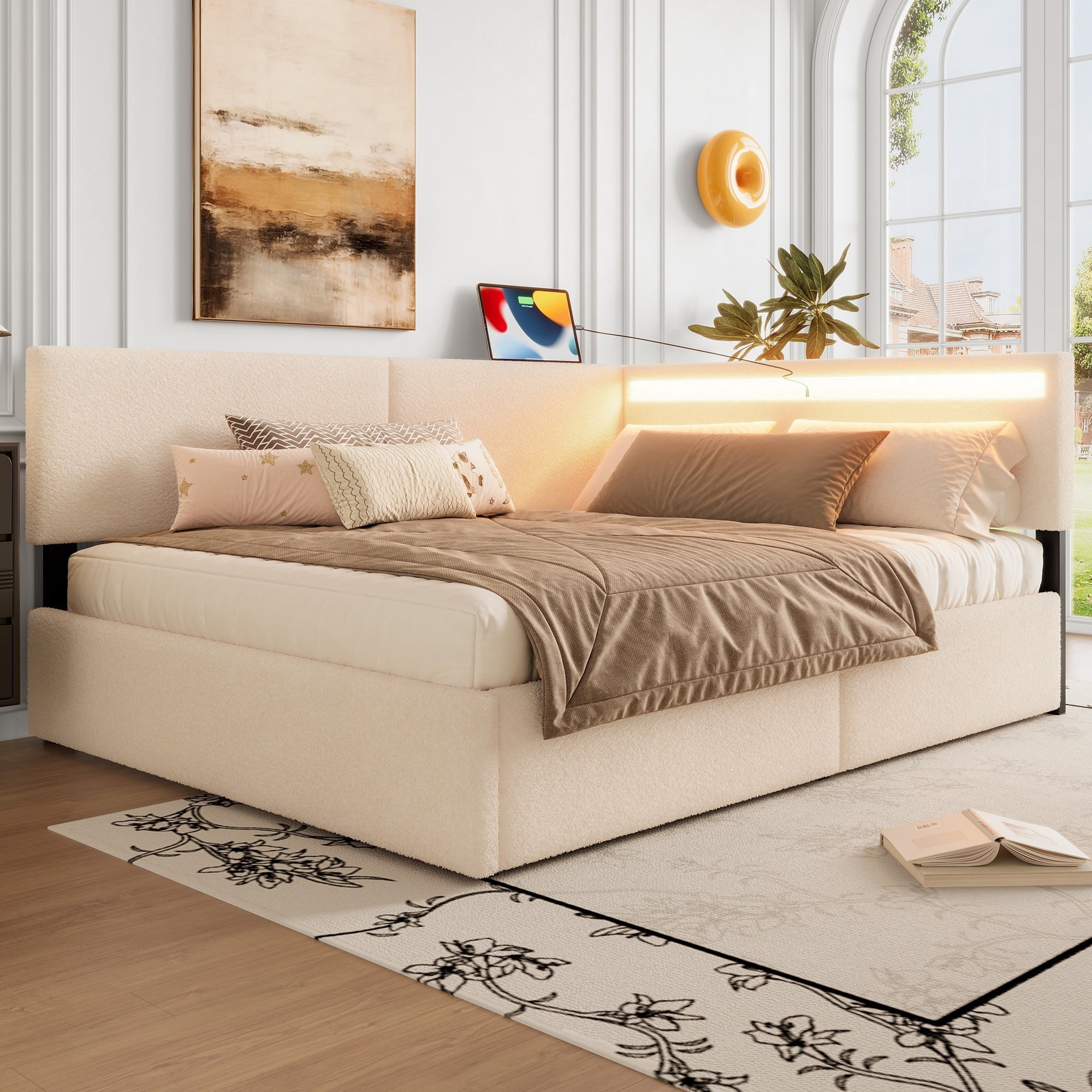 Leumius Full Size Boucle Daybed Frame, Upholstered Cloud Bed Frame with Headboard, 2 Storage Drawers, LED light and USB Charging Design, Solid Wood Legs and Slats for Bedroom Guest Room Beige