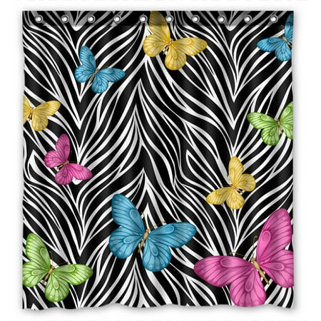 PHFZK Animal Shower Curtain, Colorful Butterflies on Zebra Prints Polyester Fabric Bathroom Shower Curtain 66x72 inches