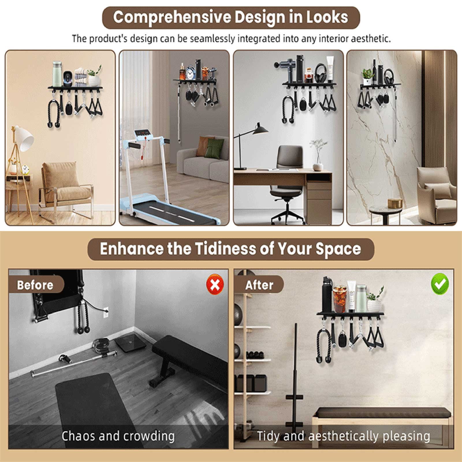 Floating Shelf with Hooks, Water Bottle Storage Organizer, 24 In, 8 Hooks, 1 Pc, Black, Home Gym Storage, Gym Equipment Storage, Wall Mounted Storage, Garage Hooks Heavy Duty, at