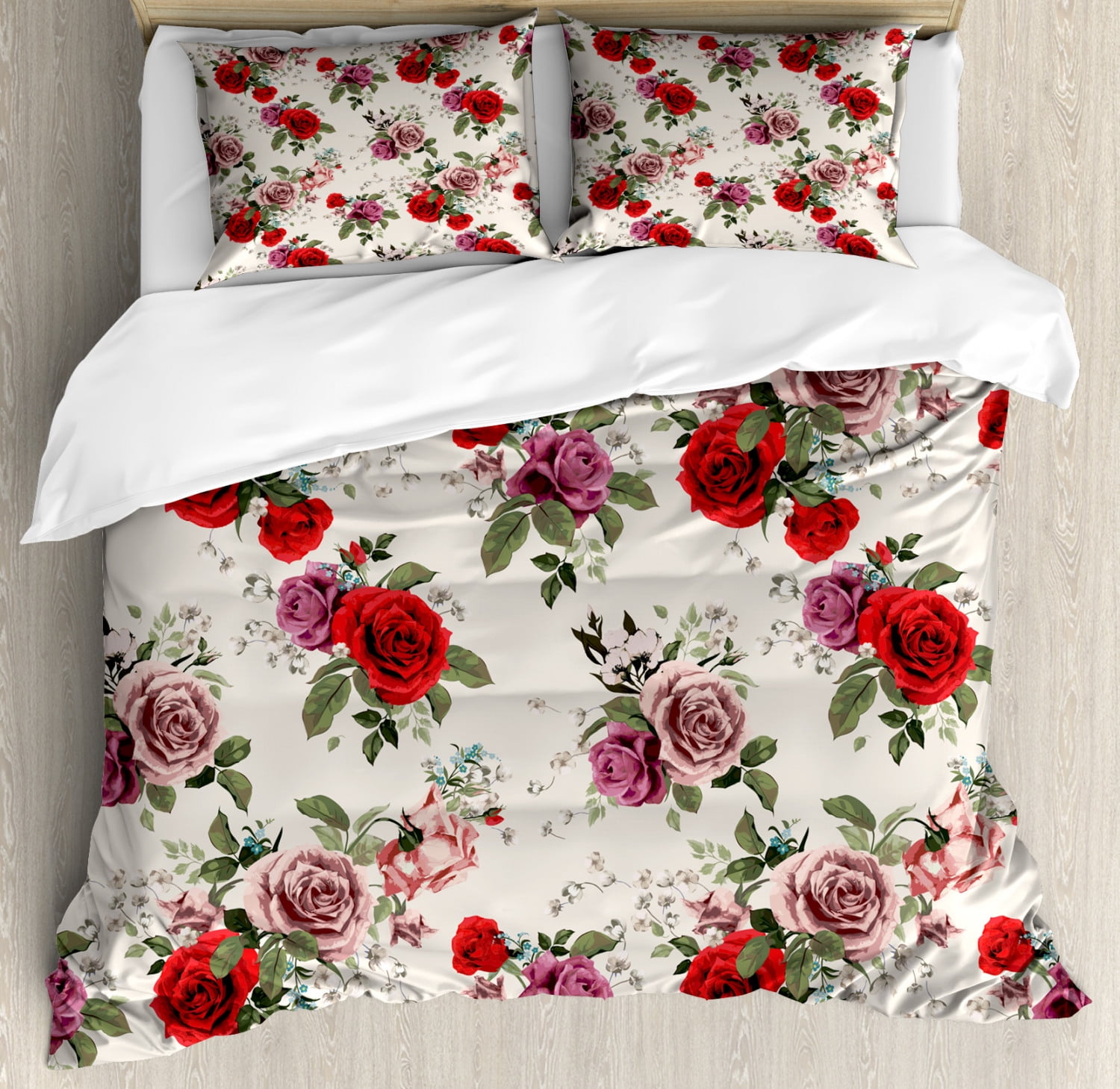 Rose Duvet Cover Set, Nostalgic Romantic Blossom with Feminine Elements