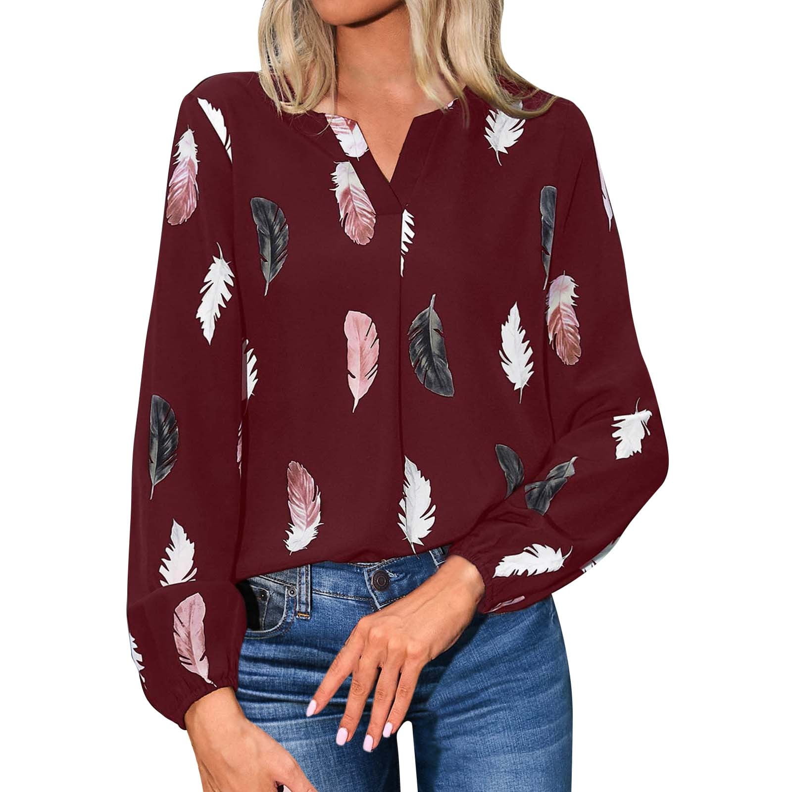 ZXHACSJ Ladies Fashion New Feather Print Notched Neck Sleeve 
