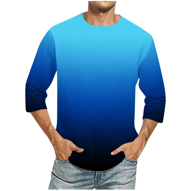 Camisas de Lino para Hombres Impresión Cuello Redondo Casual 3/4 Manga Blusa, Mezcla de Lino de Algodón para Primavera Verano Ocio Y Tops Diarios