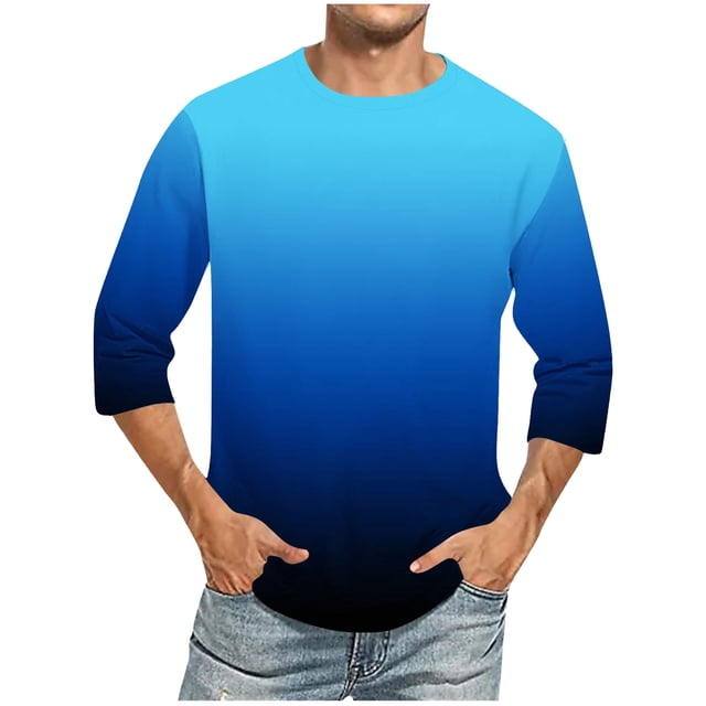 Camisas de Lino para Hombres Impresión Cuello Redondo Casual 3/4 Manga Blusa, Mezcla de Lino de Algodón para Primavera Verano Ocio Y Tops Diarios