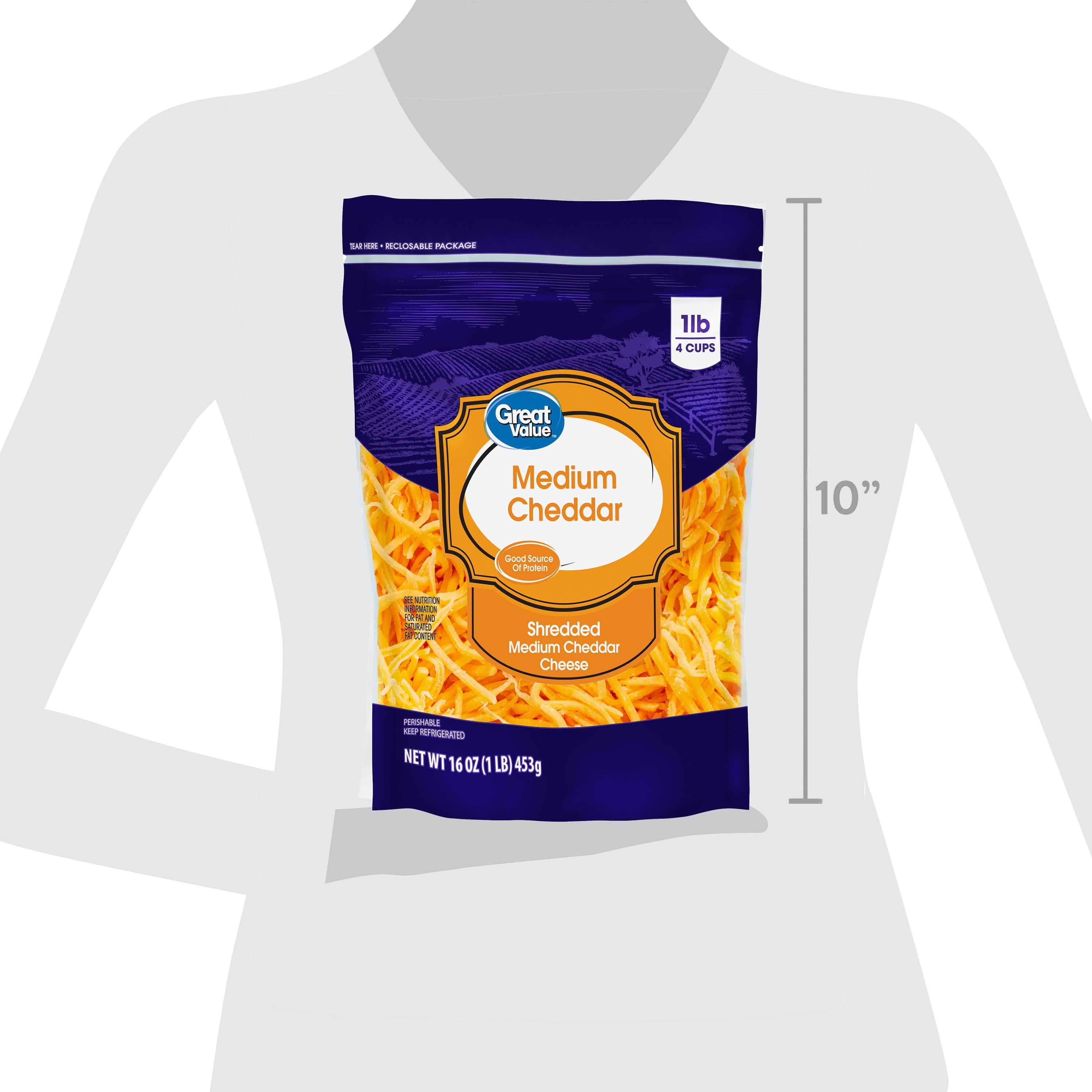 Great Value Medium Cheddar Shredded Cheese, 16 oz Bag