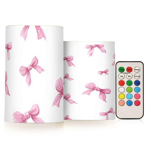 Pink Bow Flickering Flameless Candles Battery Operated with Remote Timer LED Pillar Candles Set of 2
