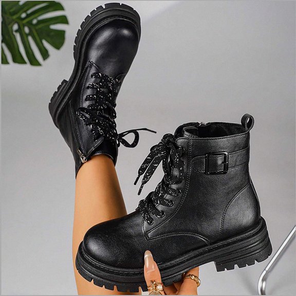 WAVSUF Women's Platform Moto Boots Arch Support Closed Toe Wide Width Fall Daily Office Boots Black 6