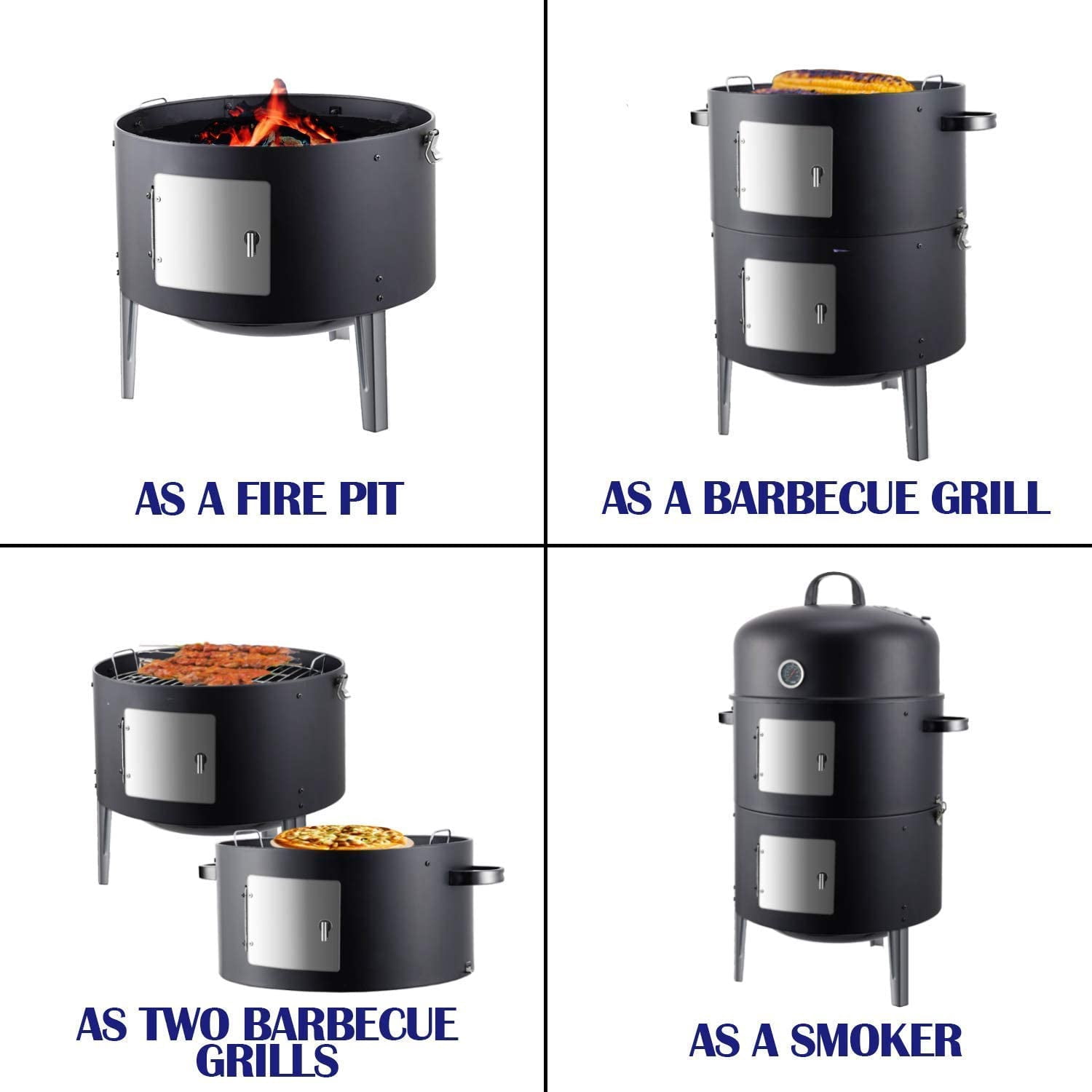 3-in-1 Charcoal BBQ Smoker, Outdoor Grill Cooker with Built-in Thermometer and 6 Ways for Outdoor Backyard Cooking Grilling Camping