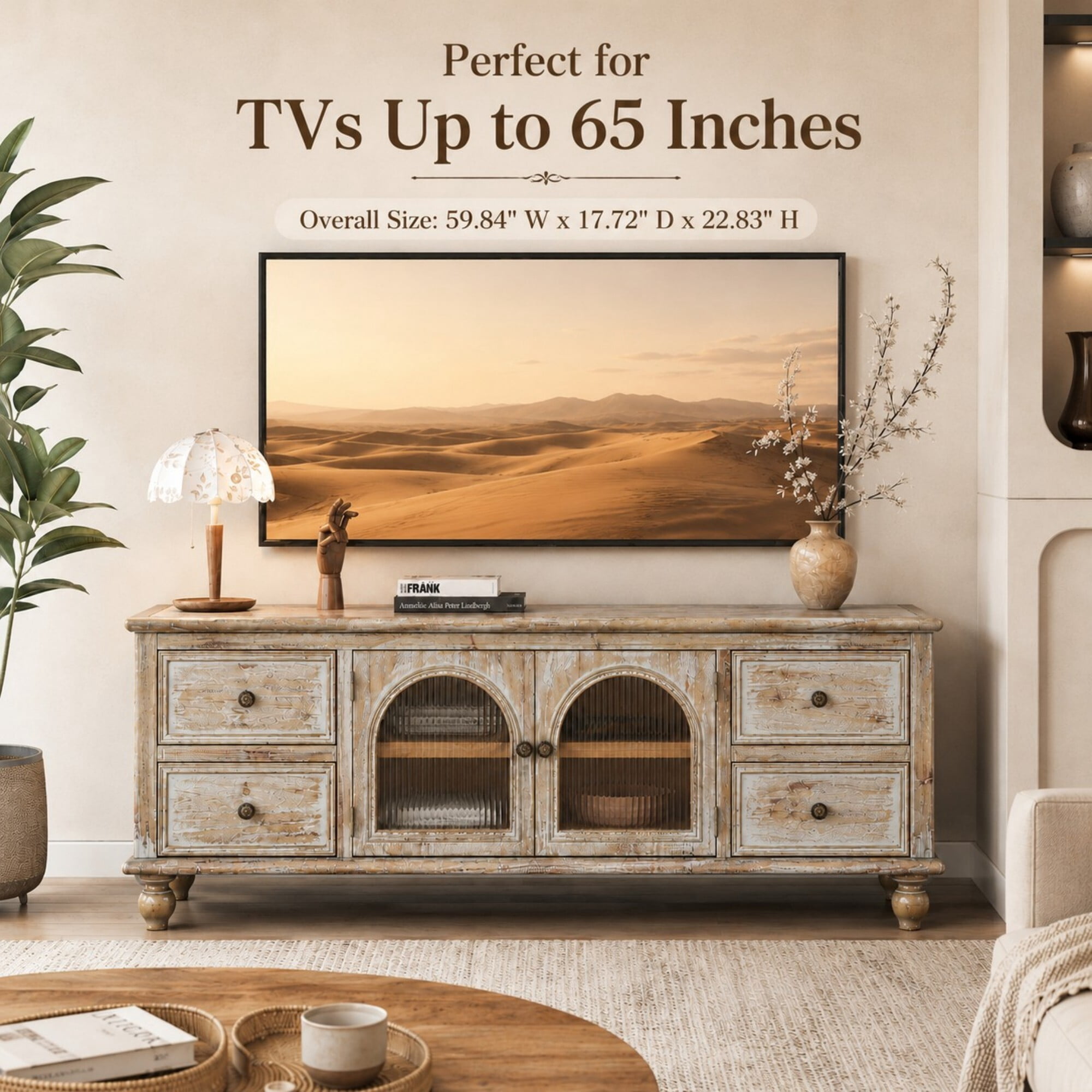 AENKYO 60 Inch Farmhouse TV Stand with 4 Drawers & 2 Glass Doors, Rustic Media Console – Gray Wash
