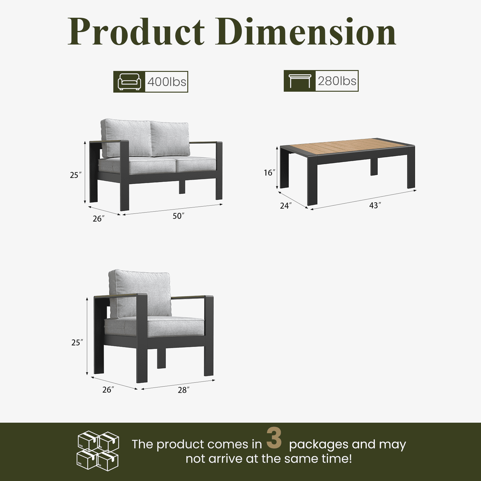 LayinSun Outdoor Aluminum Furniture Set with Coffee Table, Modern Patio Conversation Sets for Porch, Backyard