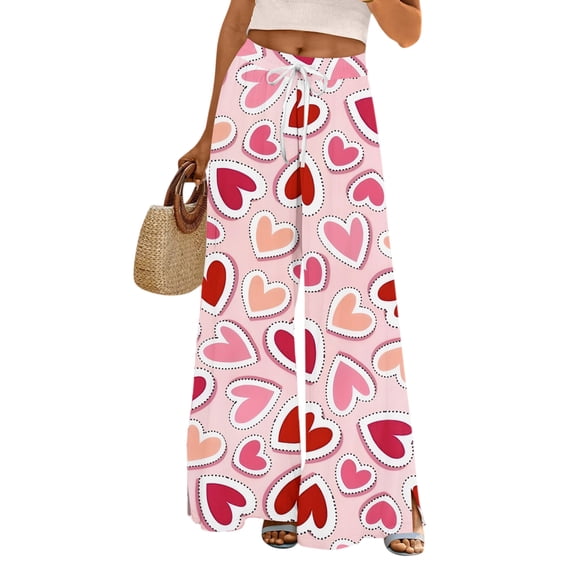 LWavelet Soft Fabric Heart Pattern Wide Leg Pants Women Valentine's Day Daily Wear Pink S