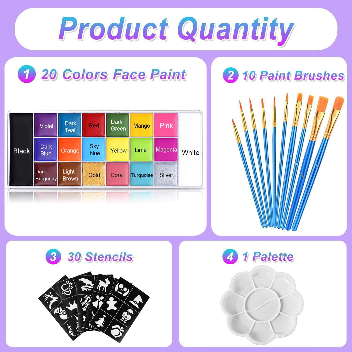 Wiher 20 Colors Face Body Paint Set-Athena Painting Palette,10 Professional Artist Brush,Large Deep Pan Ideal for Halloween Cosplay Party SFX Arty Stage Makeup
