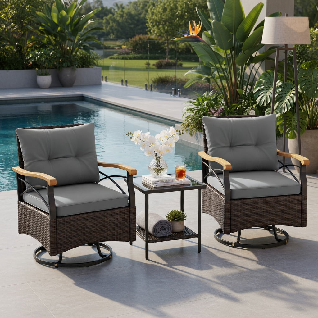 Hommoo 3-Piece Outdoor Swivel Chair Set with Tempered Glass Side Table, Cushions, PE Rattan, Acacia Wood Armrests, Gray