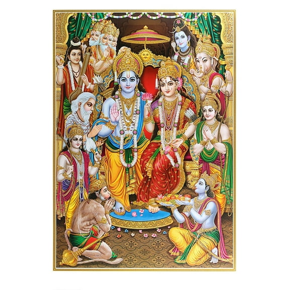 Bm Traders Ram Sita Darbar Golden Zari Art Work Poster Without Frame (24 X 36 Inches)