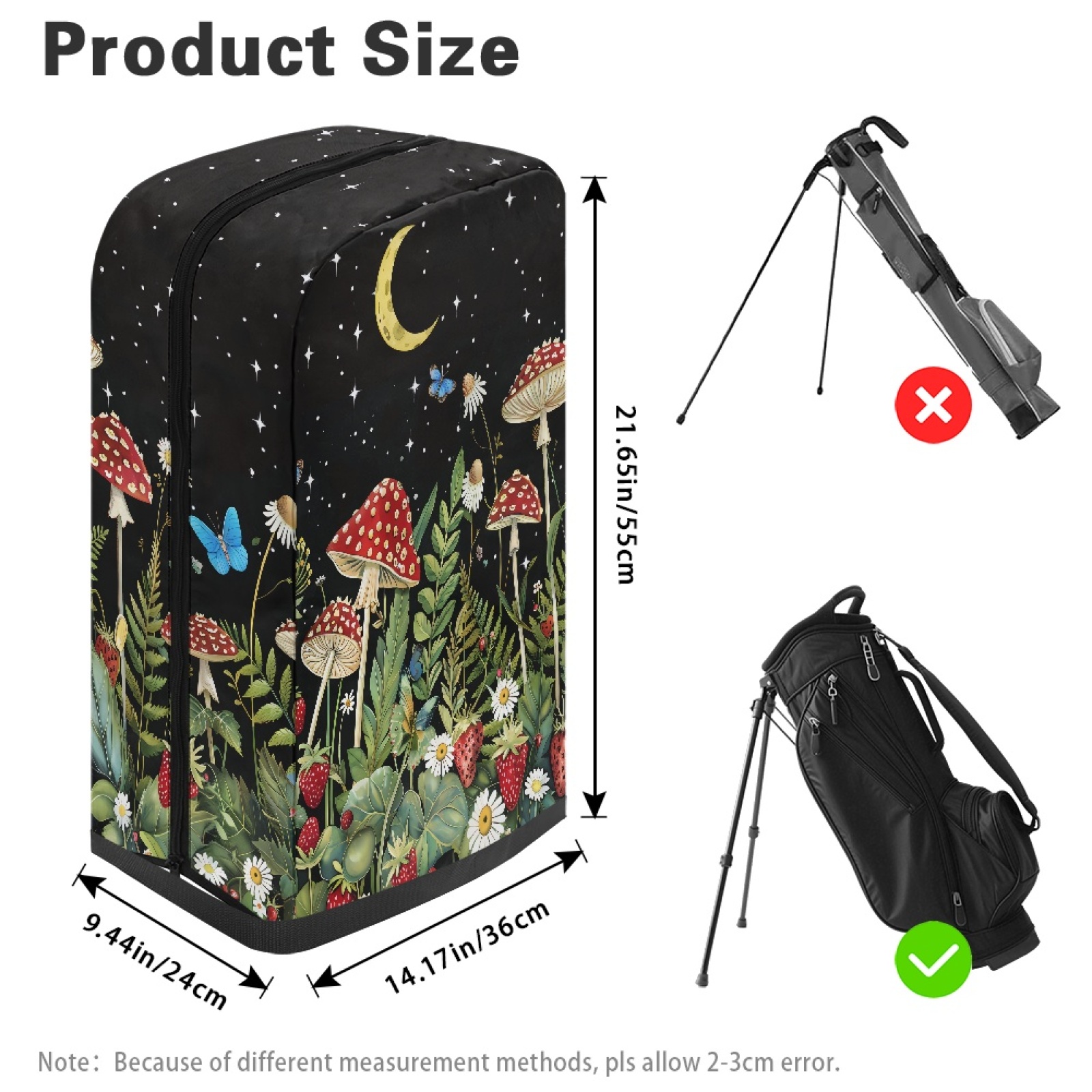 Yuyamidu Aesthetic Mushroom Golf Bag Cover Butterfly Golf Bag Umbrella for Clubs with Snap Button Dust and Sun Protection Fit Most Club Bags