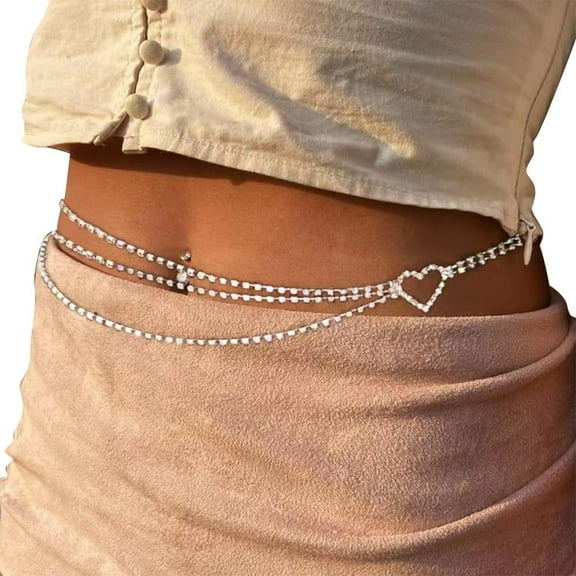 Alloy Rhinestone Waist Chain Adjustable Chain Belts Heart Silver Body Jewelry for Women Fashion Shirt Dress Decoration 30.12 Inch(76.5cm) with 340mm Extender