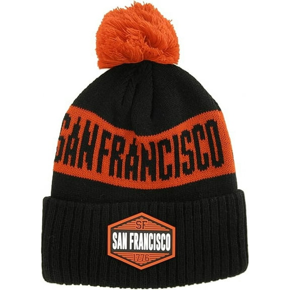 San Francisco City Name Winter Knit 3D Rubber Patch Pom Beanie Hat (Black/Red)