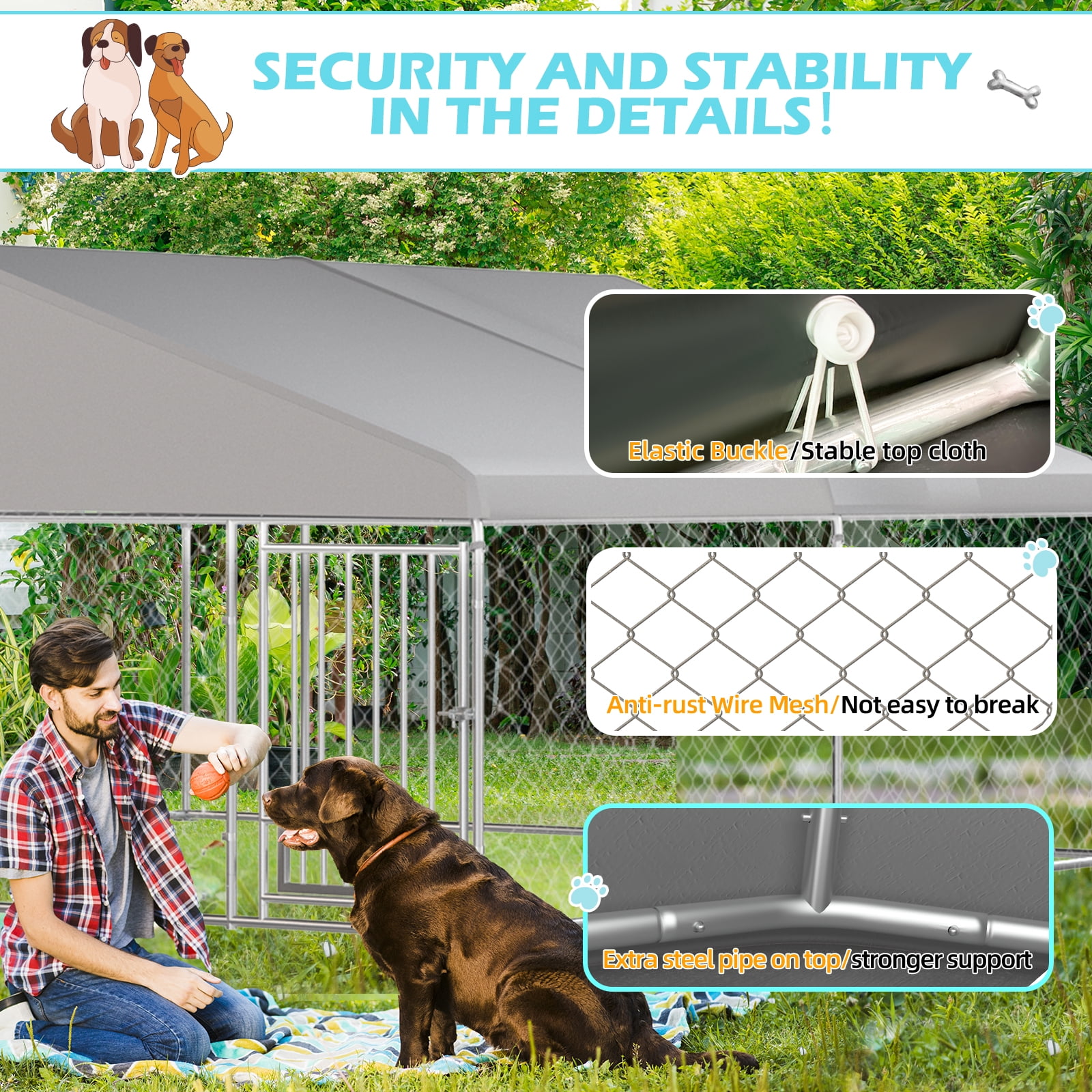 Erinnyees 13FT Outdoor Dog Kennel, Extra Large Dog House Pen Enclosure with Roof, Rotated Dog Bowls, Secure Lock, Wateproof Sunproof Cover
