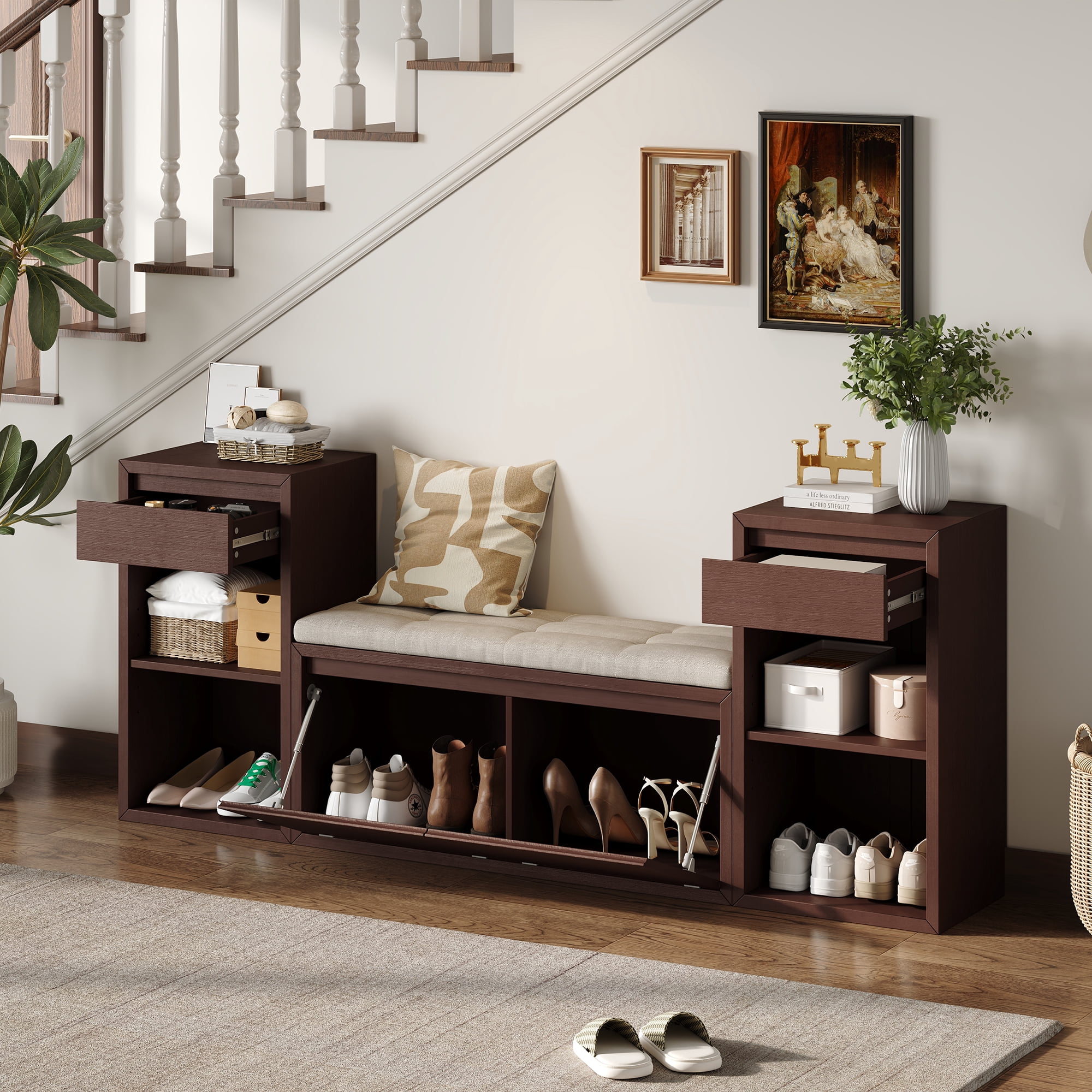 Aukfa 3pcs Storage Shoe Bench Set with Cushioned Seat, Entryway Organizer with Open Shelves & Cubbies,Espresso