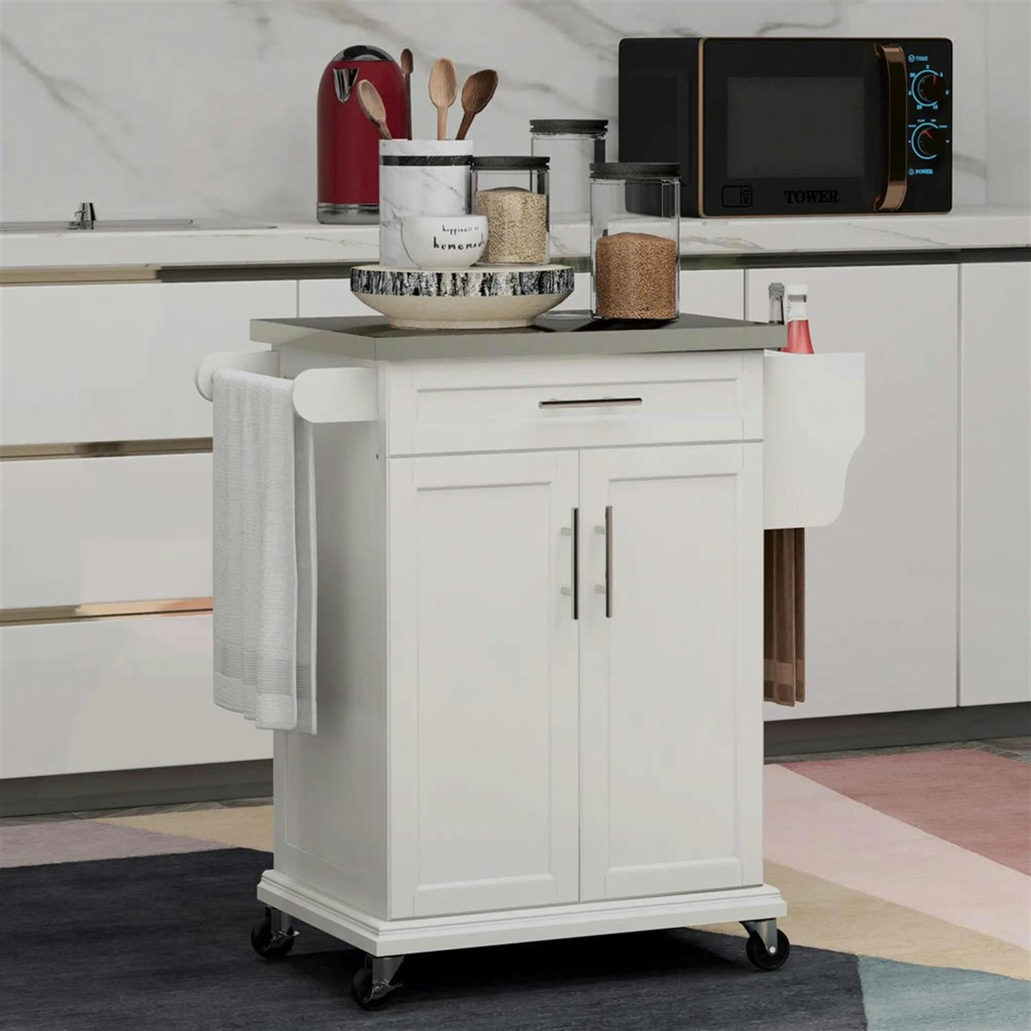 Demi Bonn 35" Kitchen Island Cart on Wheels with Stainless Steel Top, Rolling Dining Room Serving Utility Carts Mobile Movable with Towel Rack, White