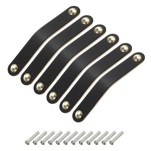 6 Paquetes de tiradores de cajón de cuero con tornillos, negro/dorado (espaciado de agujeros: 128 mm)