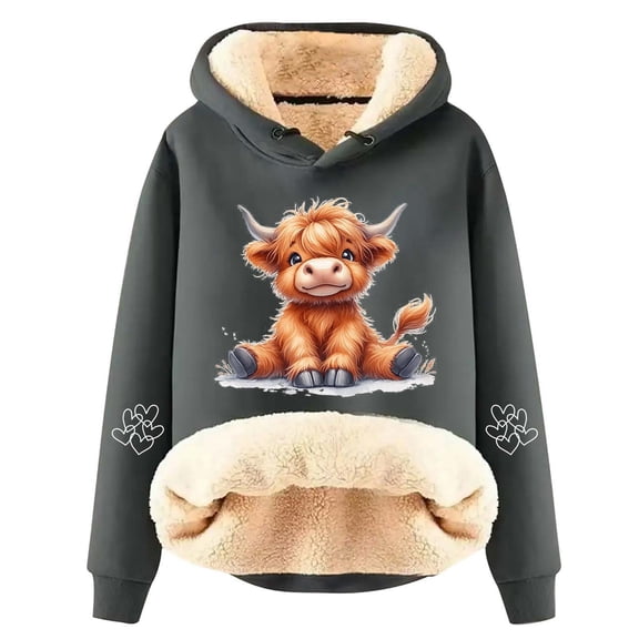 Bibifish Womens lined Hoodies cow Printed Drawstring long sleeve Hoodies With Pocket winter thermal Stylish Pullover Tops