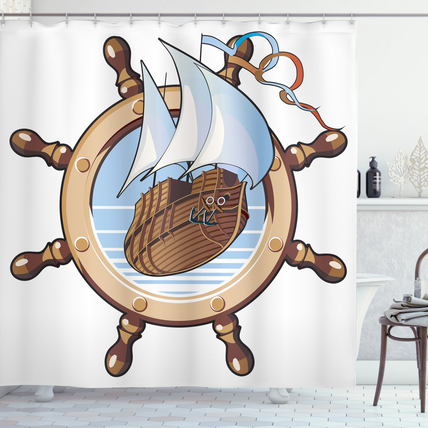 Nautical Shower Curtain Set, Image of Ship Is in Framing of Steering