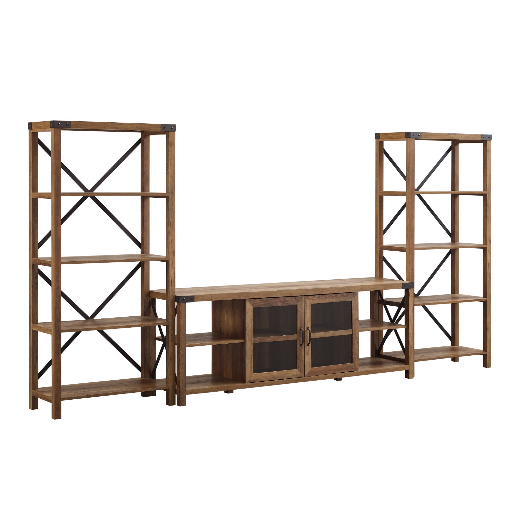 Walker Edison Rustic Industrial 3 Piece Entertainment Fireplace Wall Set, Barnwood