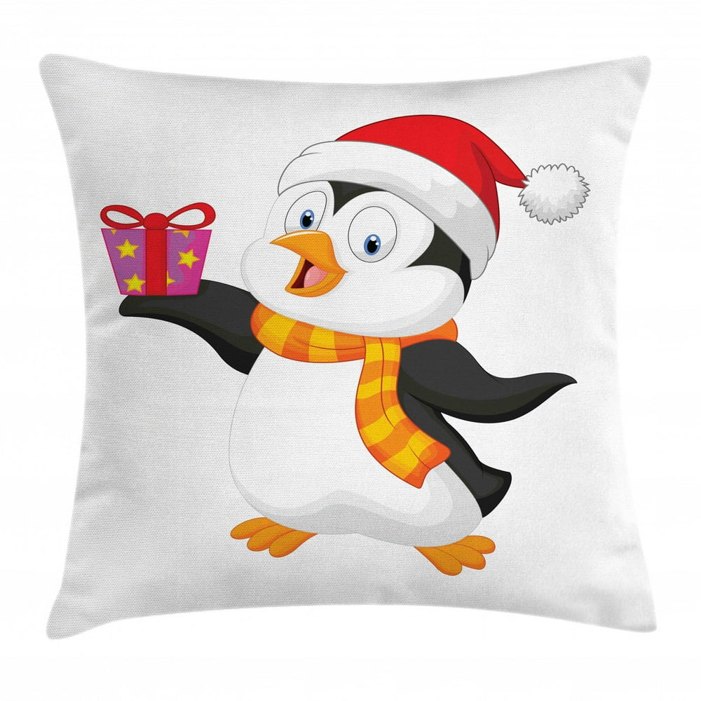 Baby Throw Pillow Cushion Cover, Friendly Penguin Character with
