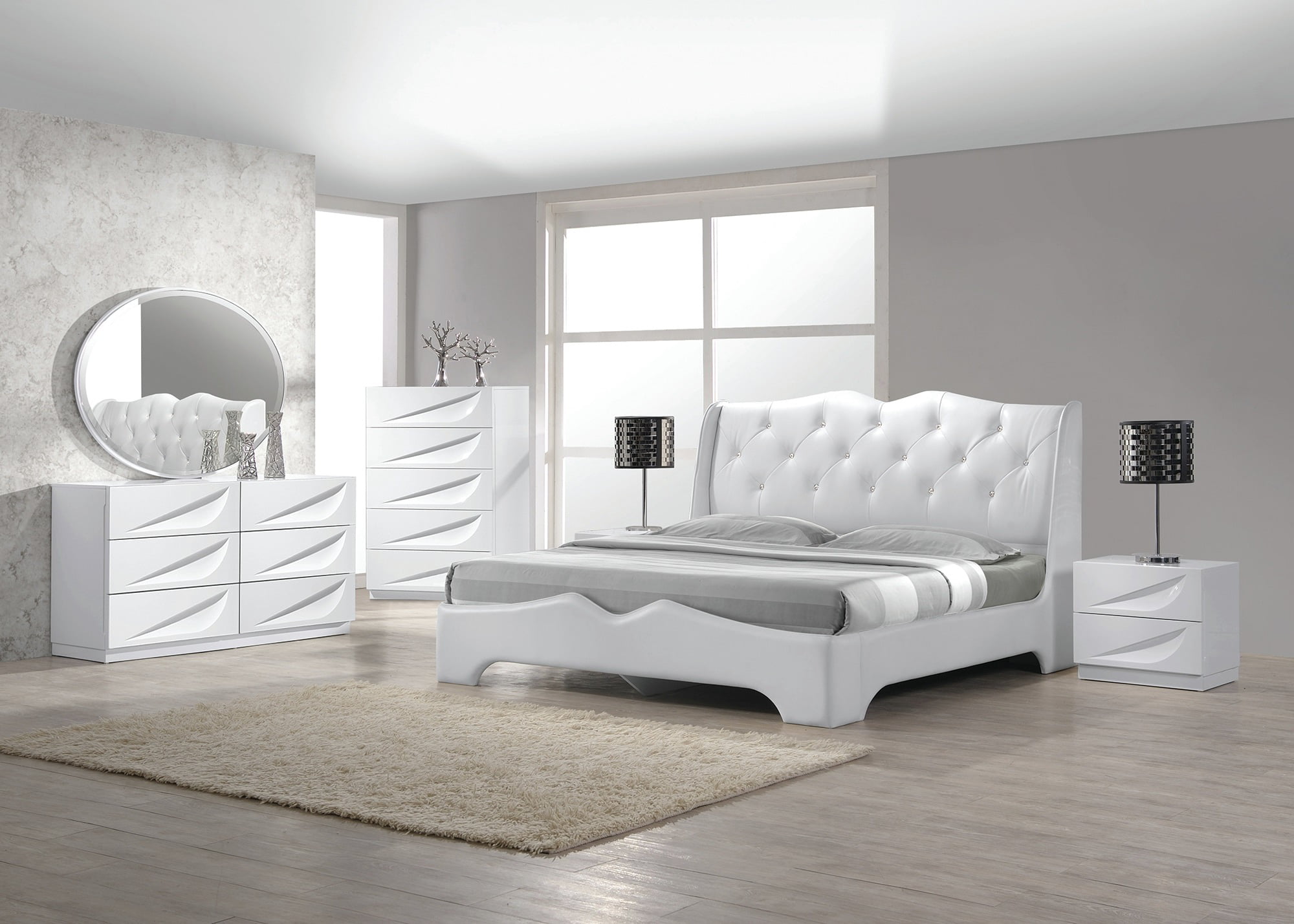 Modern Madrid 4 Piece Bedroom Set Queen Size Bed Leather Like