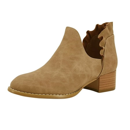 eileial Womens Fall Cutout Booties Ankle Heels Low Stacked Ruffle Slip on Dress Short Boots Shoes Beige 7